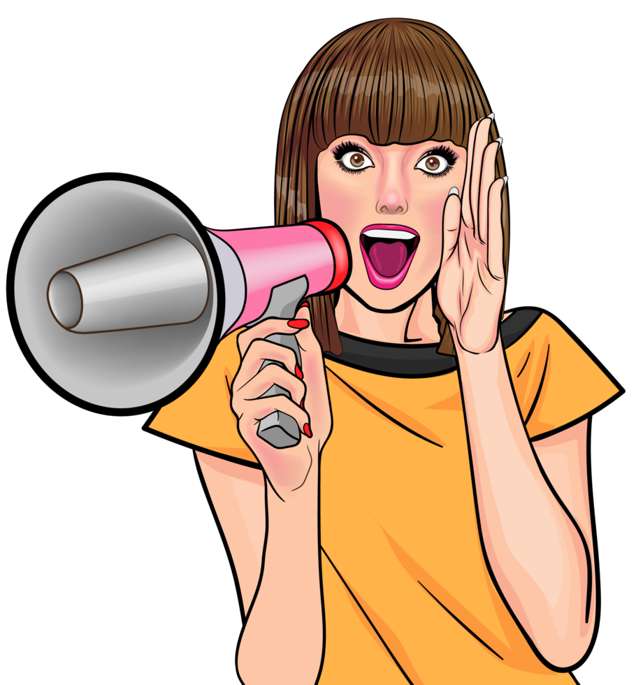 Pretty woman promoting a shopping sale with an excited expression. png