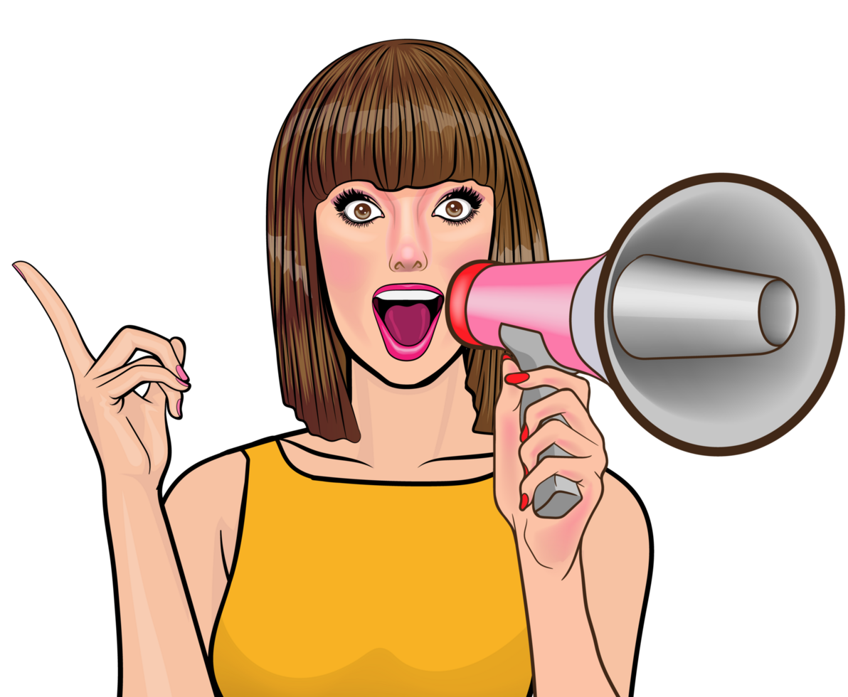 Pop art girl calling customers with a vibrant advertisement. png