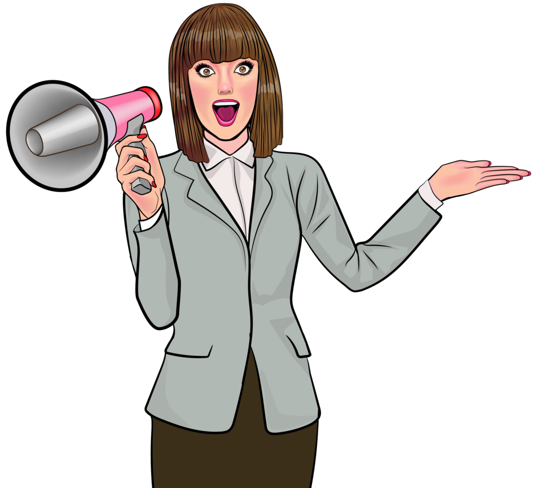 Pop art beauty making a powerful speech with an expressive face. png