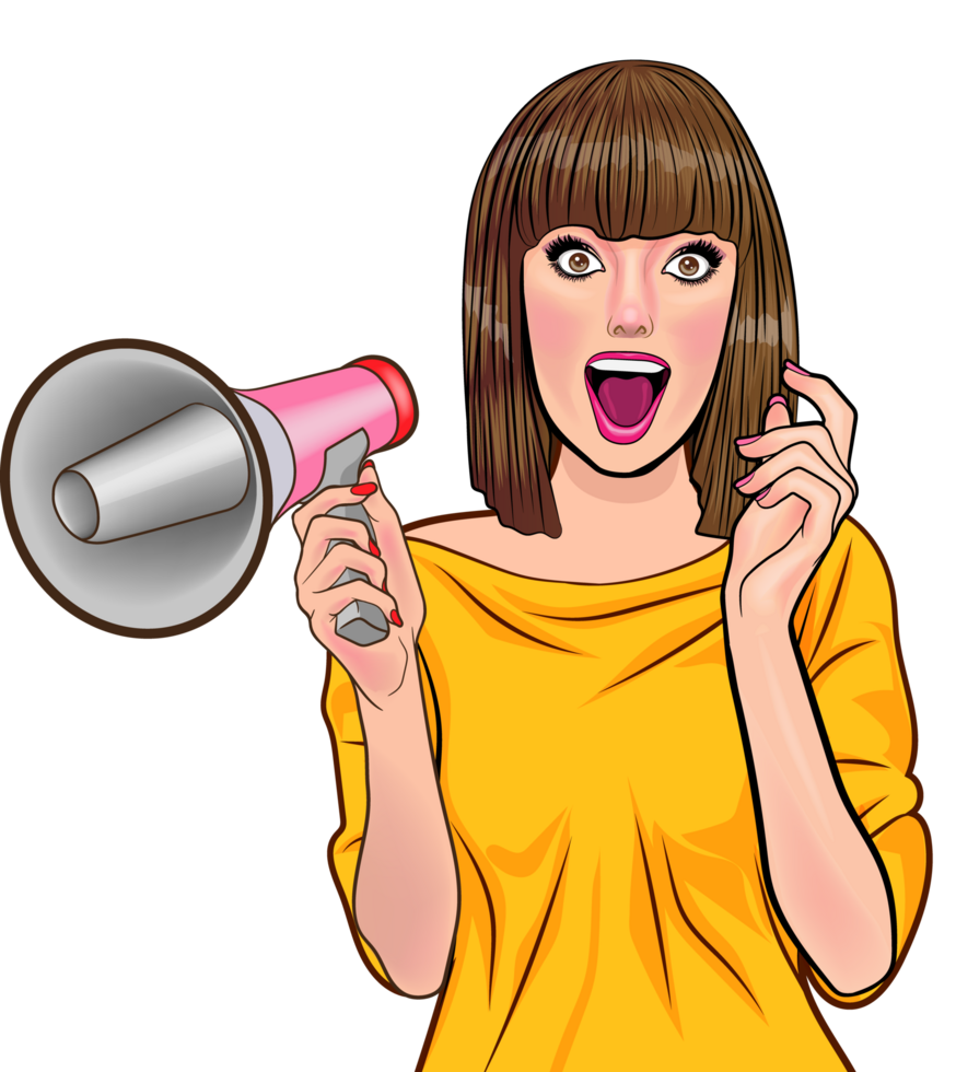 Pop art female speaker holding a loudspeaker with passion. png