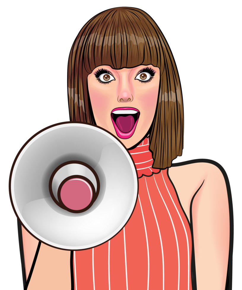 Pop art woman shouting into a megaphone with full enthusiasm. png