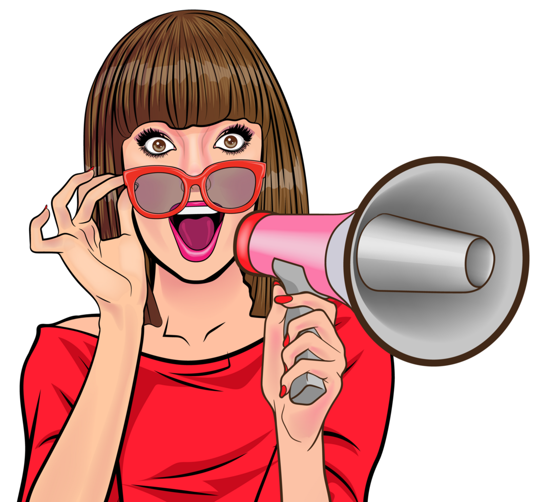 A pretty girl is about to lower her sunglasses to shout to call customers through a megaphone. png