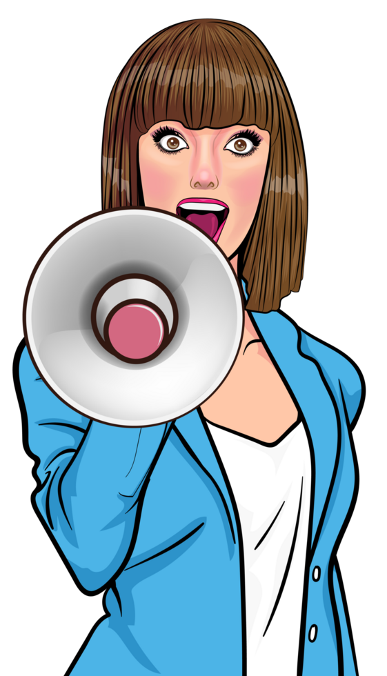 Retro lady announcing a big sale with a loudspeaker. png