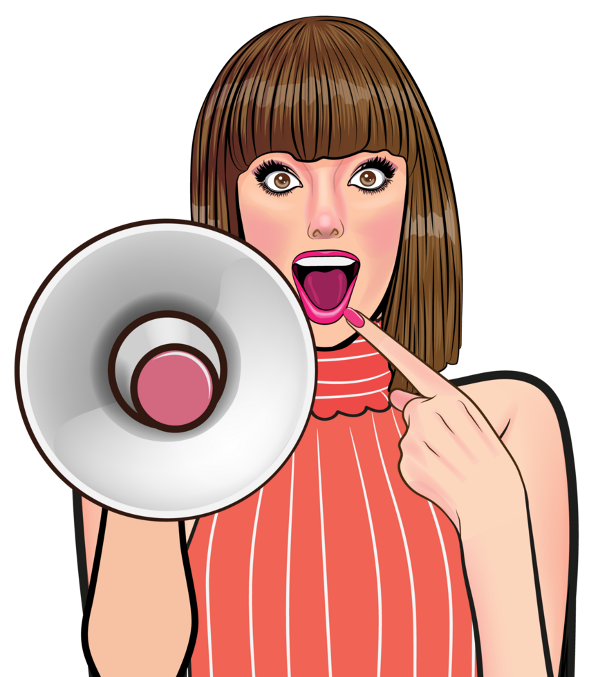 Retro woman in a super cool sleeveless turtleneck fashion, opens her mouth wide to promote the product excitedly. png