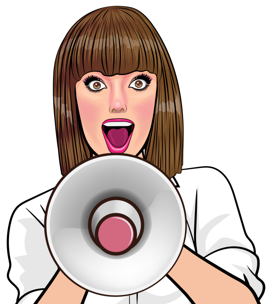 Pretty lady talking through a megaphone, spreading important news. png