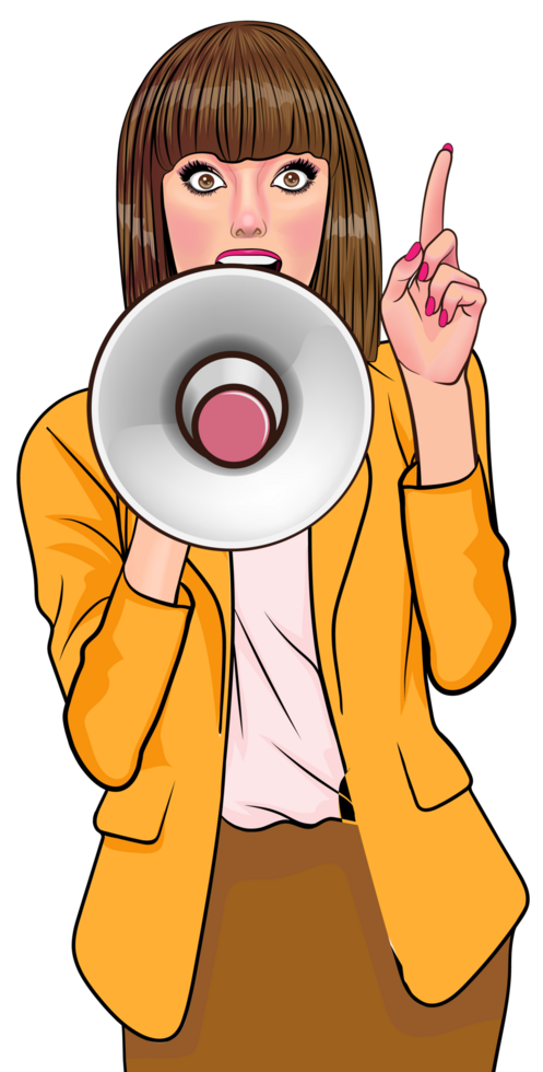 Retro lady holding a loudspeaker, calling attention to an exciting event. png