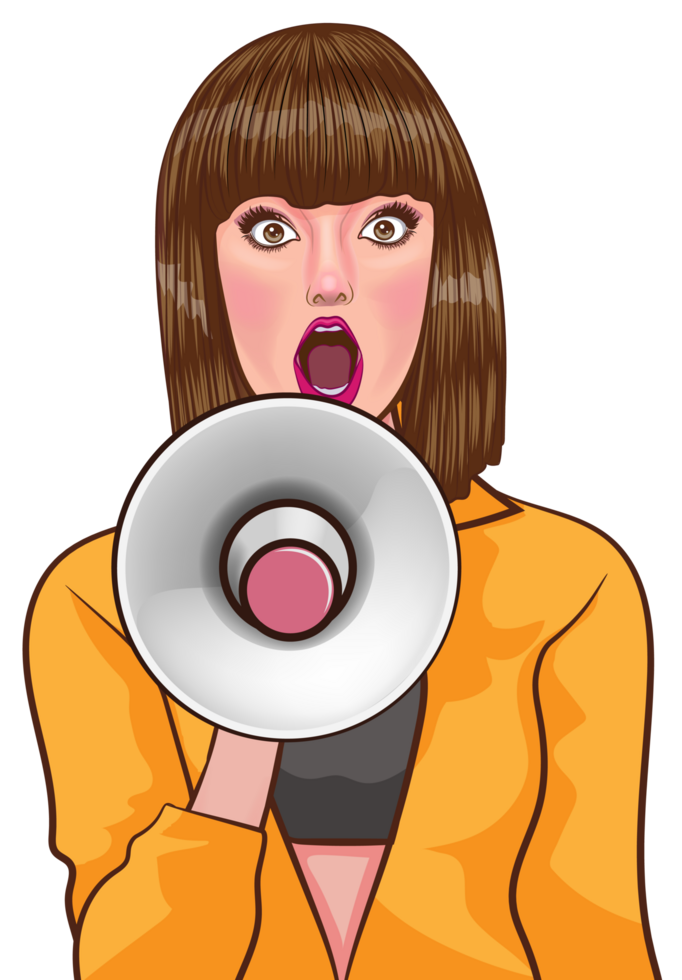 Retro woman holding a loudspeaker while marching in a protest. png