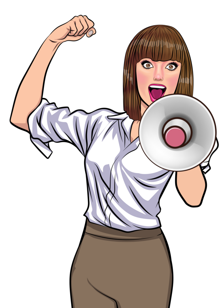 Pop art lady making a bold statement with a megaphone. png