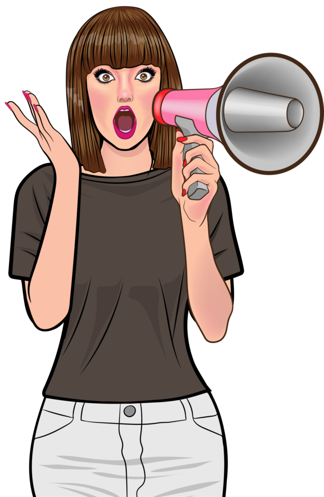 A female student is standing and announcing news about the university. png