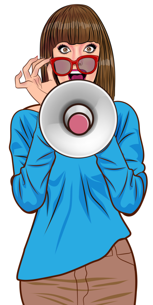 A retro woman wearing sunglasses holds a megaphone to draw attention to an important event. png