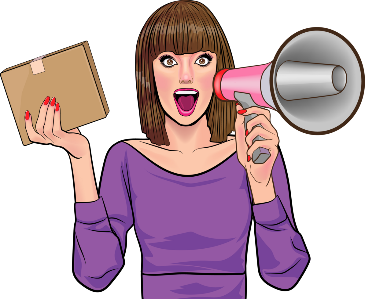 Comic woman holding a loudspeaker and calling out for attention. png