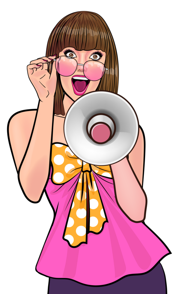 Retro lady promoting a new store opening with a megaphone. png