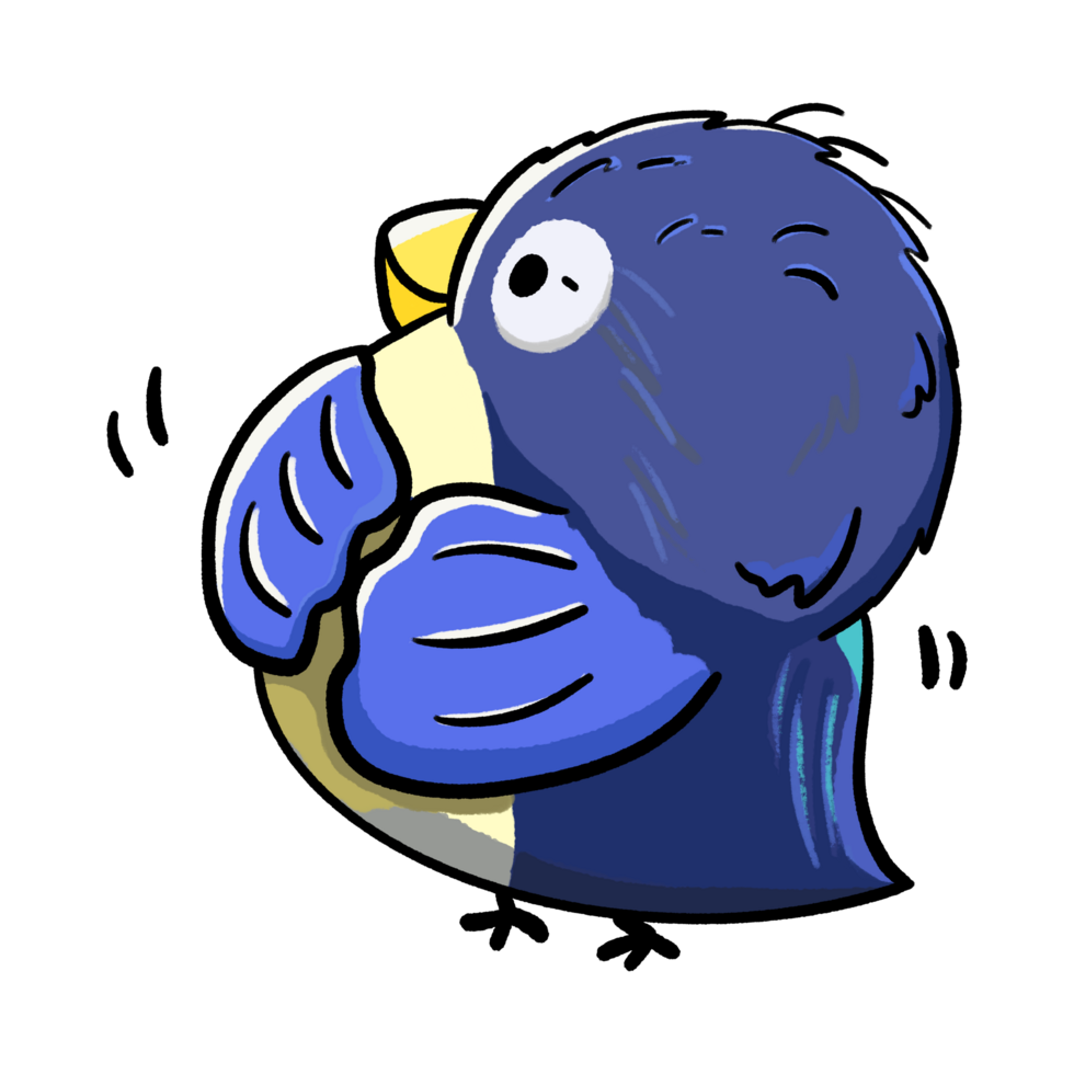 Cute bird eating enough and patting belly, cartoon blue bird isolated illustration png