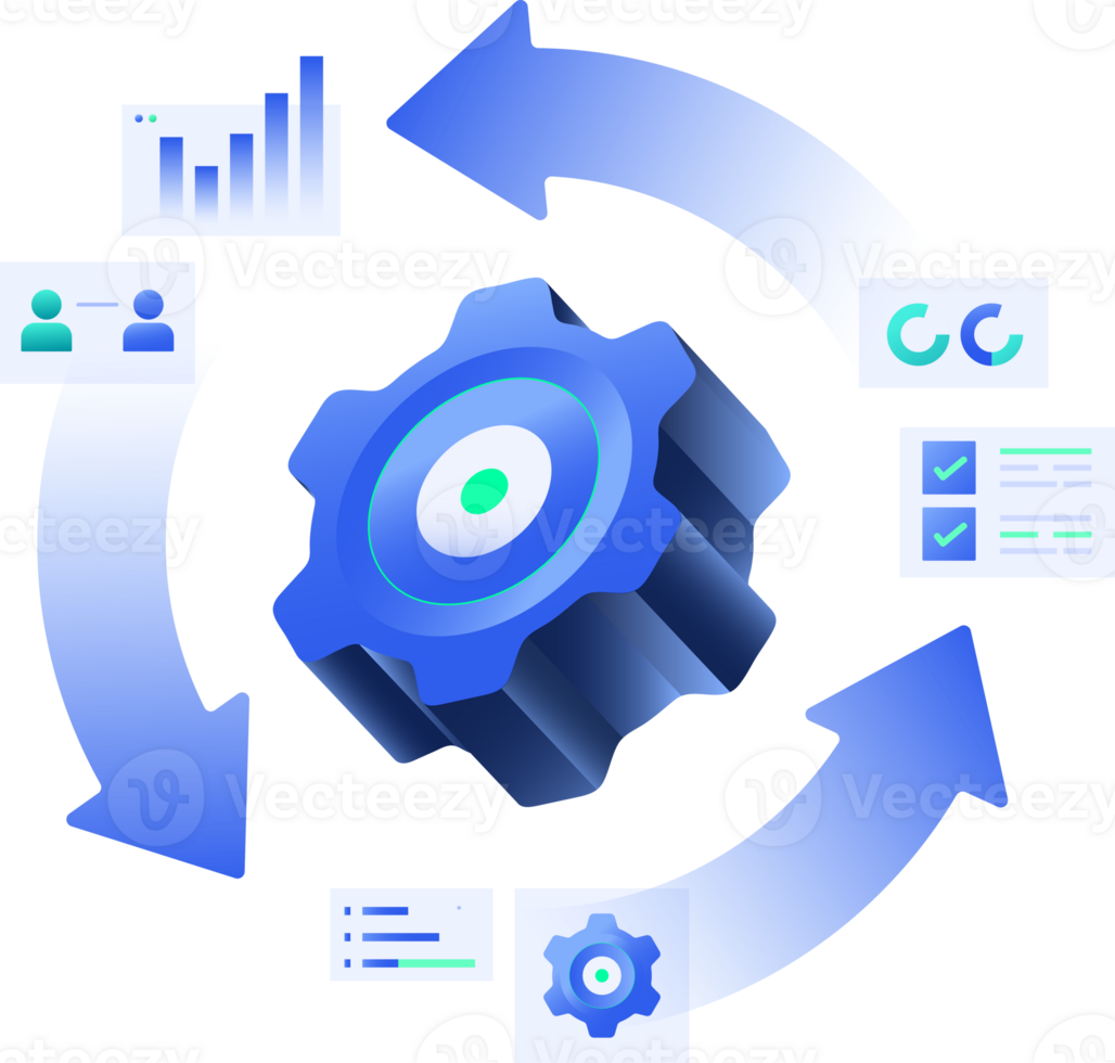 Business Process Automation, Management technology-driven strategy illustration with Gears and Technology Elements clipart illustration png