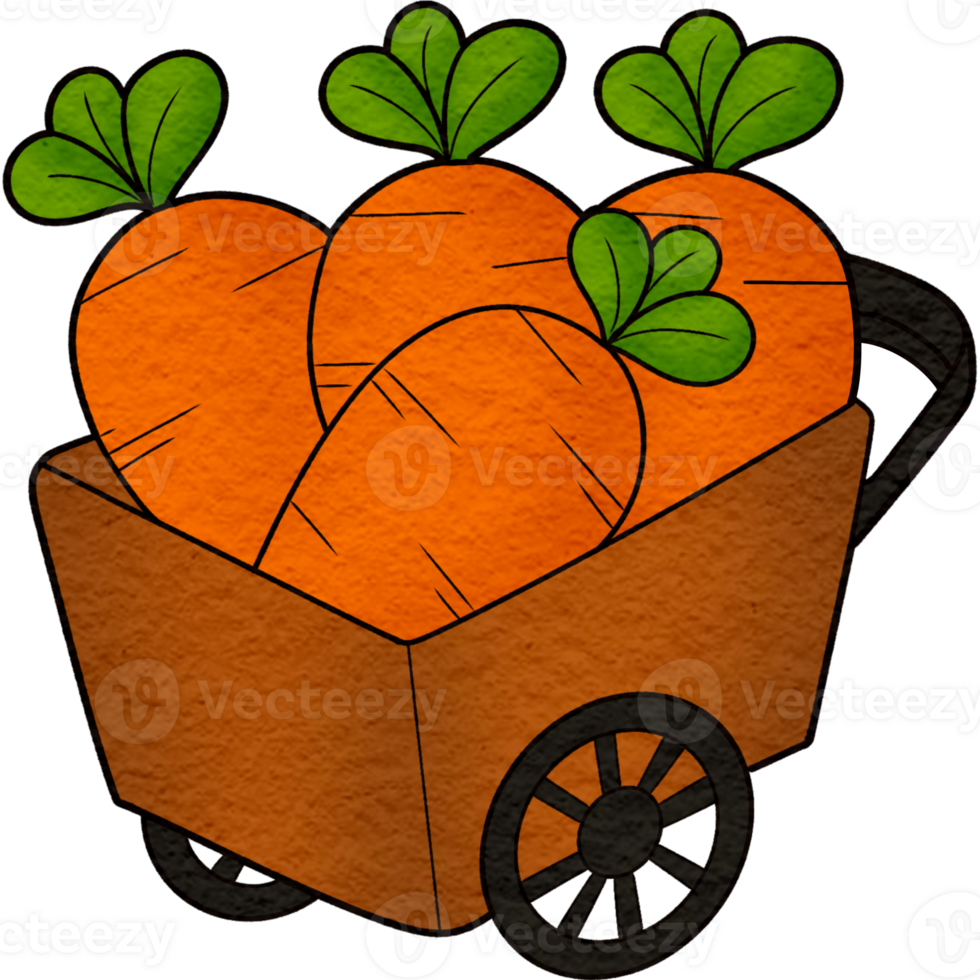 cartoon carrots in a wooden wheelbarrow clipart png