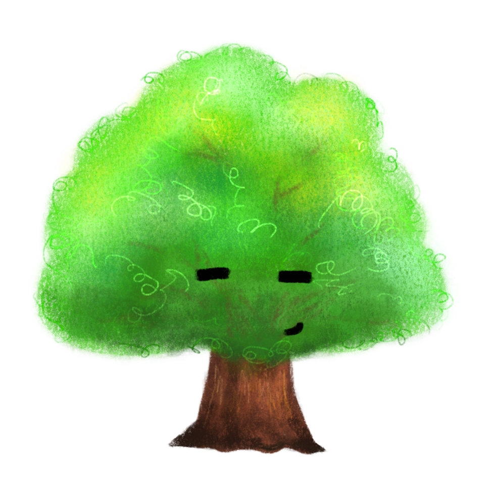 Messy crayon tree character smiling illustration, green tree cartoon isolated drawing png