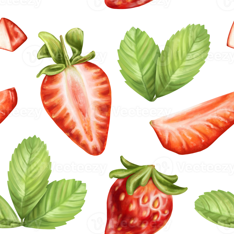 Seamless pattern with bright berries, strawberry slices and leaves. Sweet healthy dessert, cooking ingredients. Decorations for a festive table, a summer party. Hand-drawn illustrations, background png