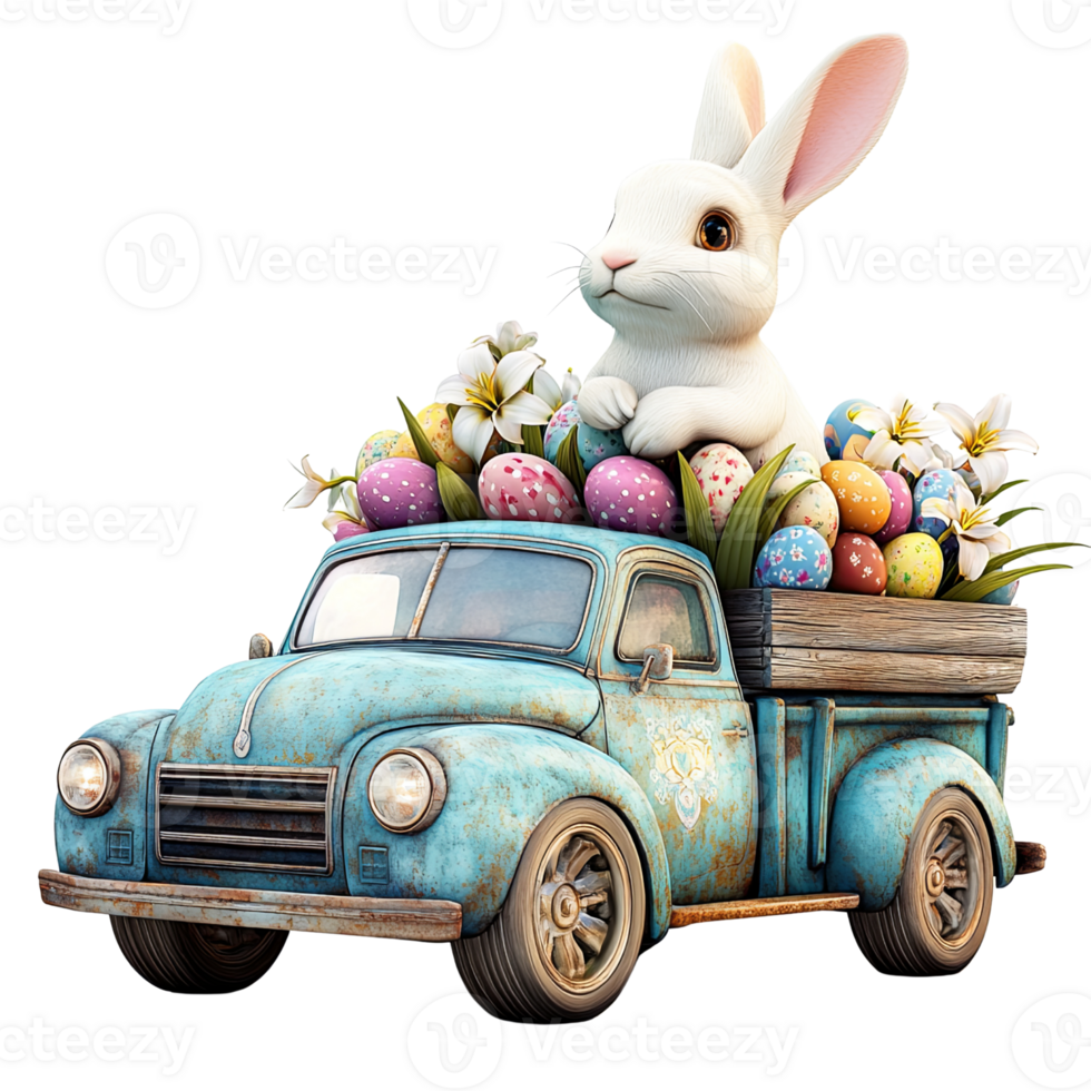 cute bunny sits in vintage blue truck filled with colorful Easter eggs and flowers, creating joyful and festive atmosphere. , isolated transparent png