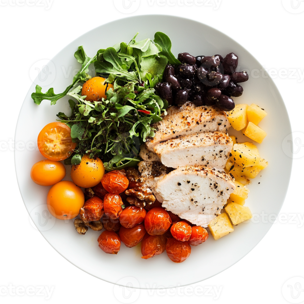 Healthy chicken salad with tomatoes, greens, and fruits , isolated transparent png