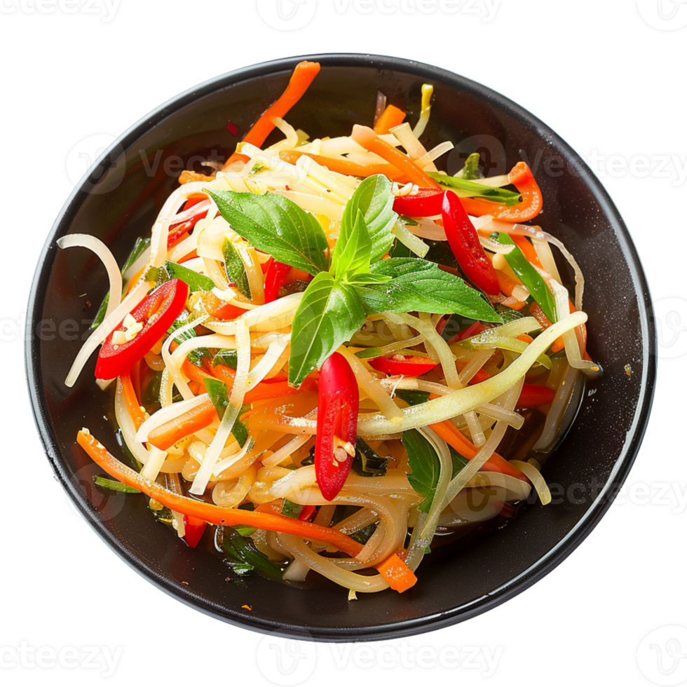 Fresh and colorful salad with noodles, peppers, and herbs, garnished with basil and chili, perfect for light meal or appetizer. , isolated transparent png