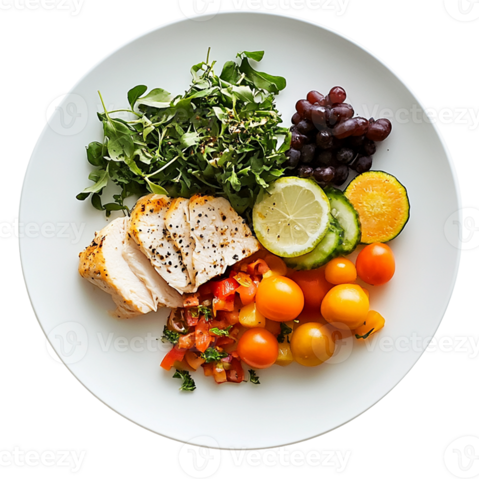 Fresh grilled chicken with colorful vegetables and fruits on white plate, showcasing healthy meal. vibrant colors and textures create appetizing presentation. , isolated transparent png