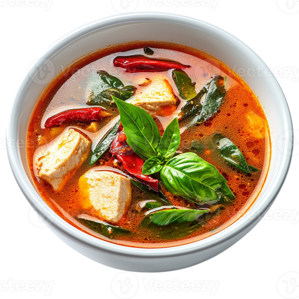 vibrant bowl of spicy soup featuring tofu, fresh herbs, and chili peppers, perfect for comforting meal. , isolated transparent png