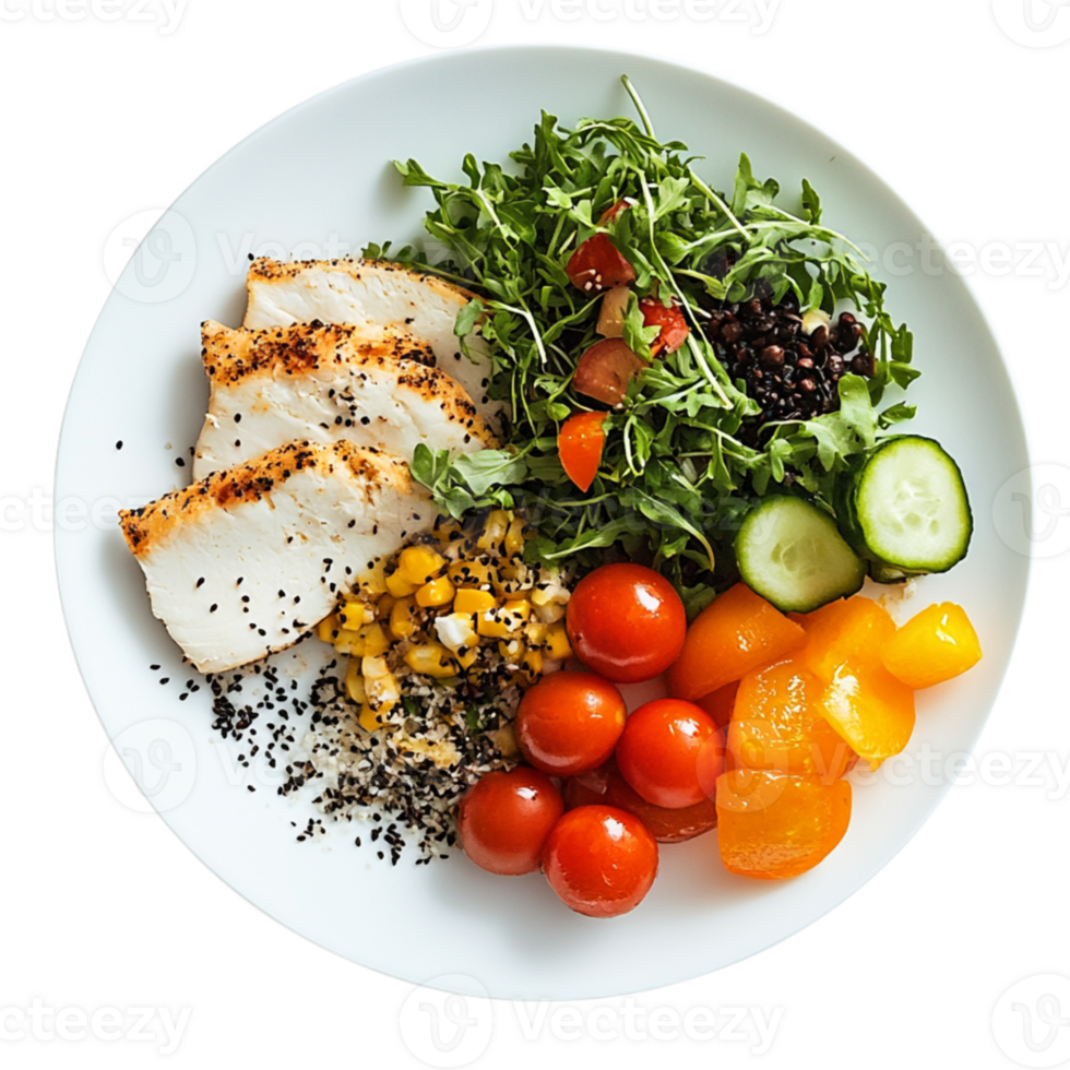 Healthy chicken salad with fresh vegetables and colorful toppings , isolated transparent png