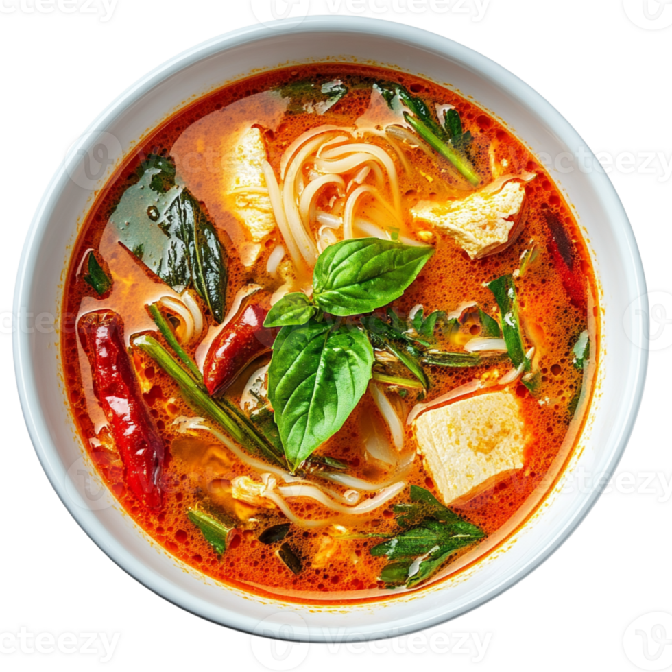 vibrant bowl of spicy noodle soup with tofu, herbs, and chili peppers, showcasing rich broth and fresh ingredients. , isolated transparent png