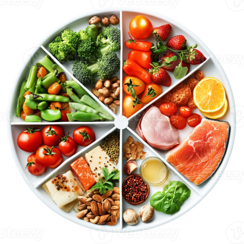 colorful food platter featuring variety of healthy ingredients including vegetables, fruits, nuts, and proteins, promoting balanced nutrition and wellness. , isolated transparent png