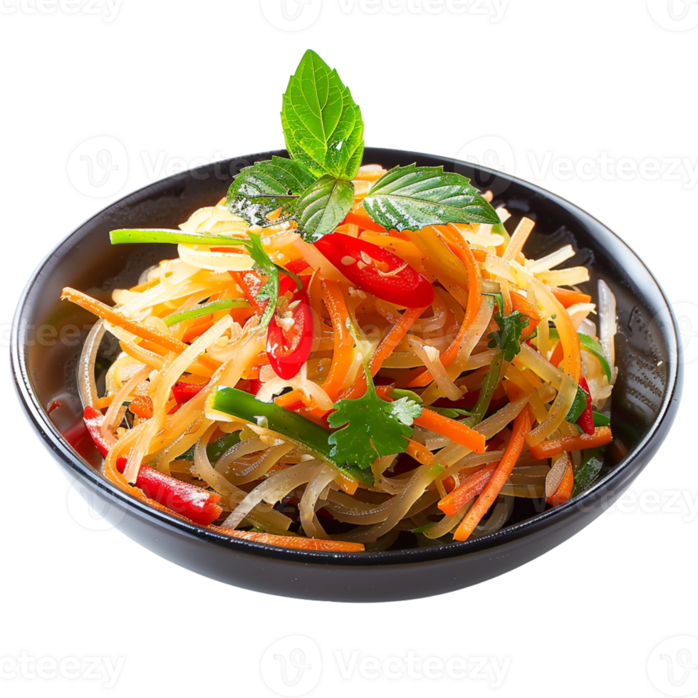 Fresh vegetable noodle salad with colorful peppers and herbs , isolated transparent png