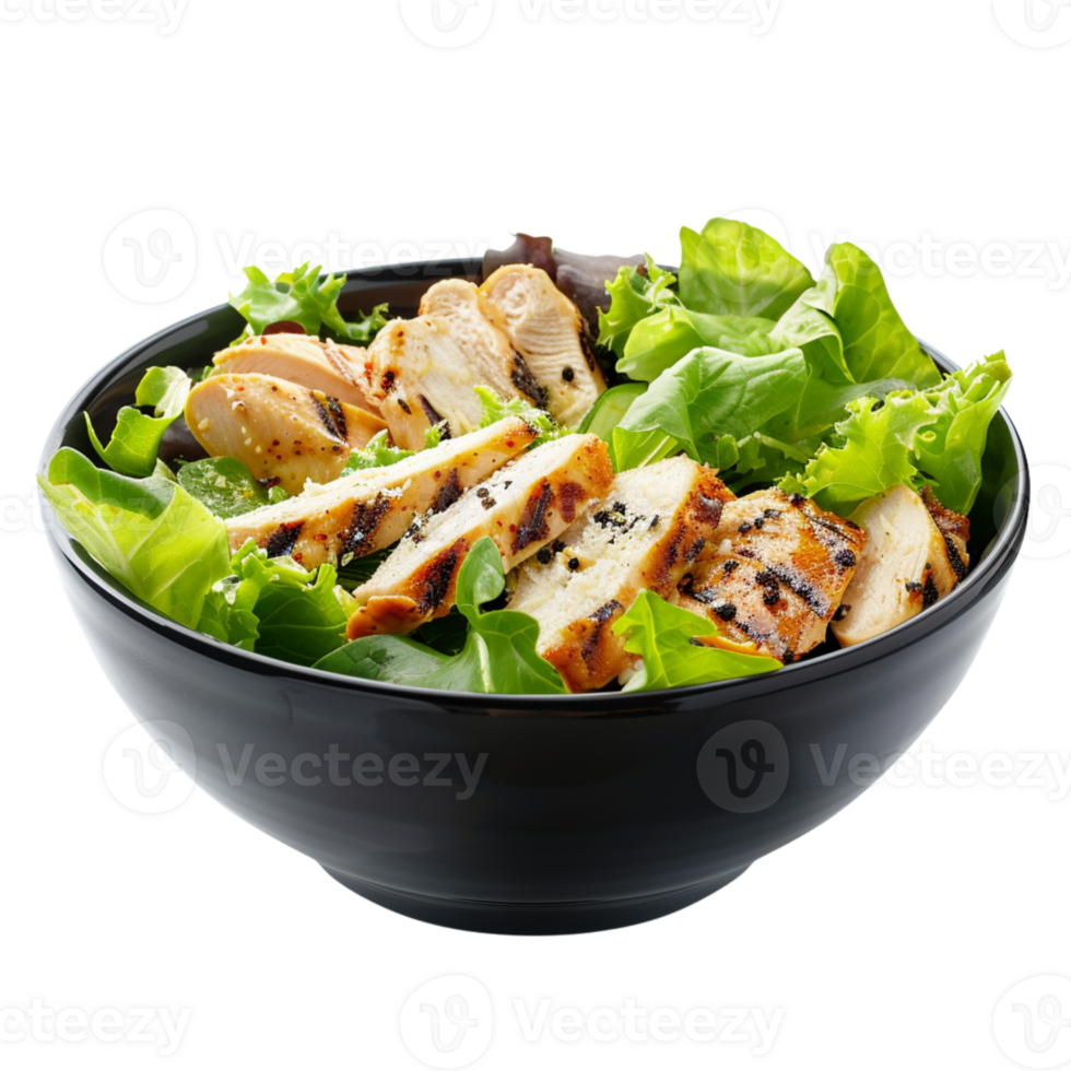 Fresh grilled chicken salad with mixed greens and vibrant lettuce , isolated transparent png