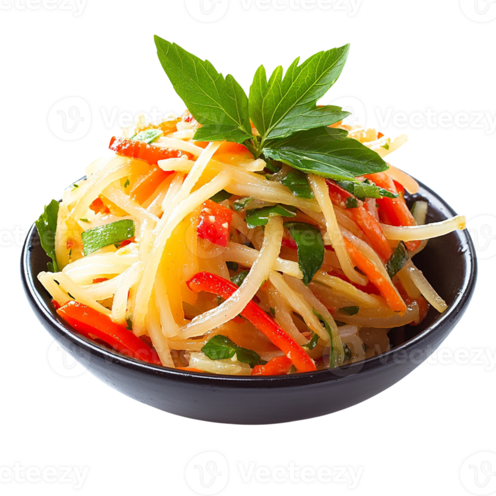 Fresh and vibrant papaya salad with colorful vegetables and herbs, served in black bowl, perfect for healthy meal. , isolated transparent png