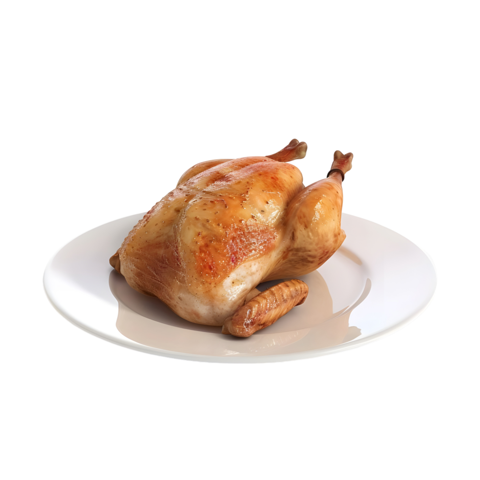 Roasted chicken on white plate delicious meal food 3d on transparent background png