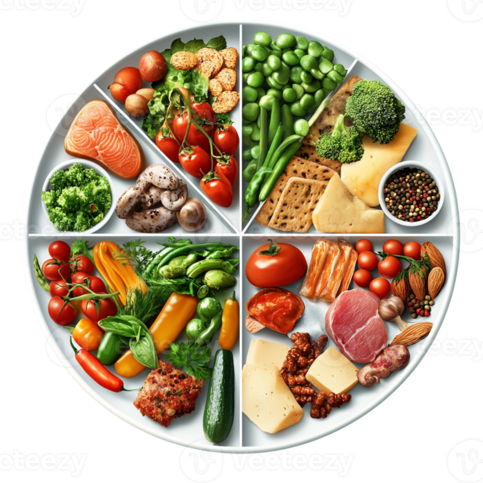 colorful plate filled with variety of fresh vegetables, fruits, proteins, and grains, showcasing balanced meal. This vibrant assortment promotes healthy eating habits. , isolated transparent png