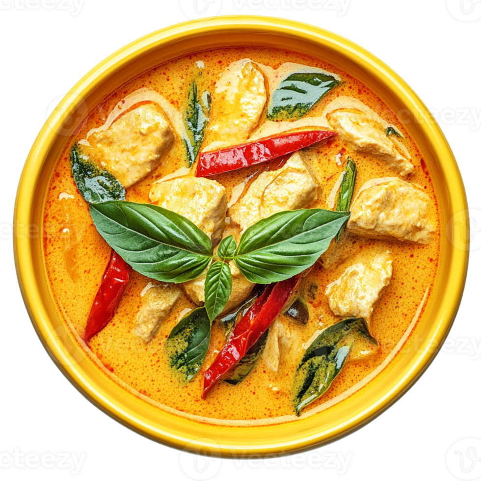 vibrant bowl of chicken curry with red chilies and fresh basil leaves, showcasing rich and flavorful dish. Perfect for food lovers , isolated transparent png