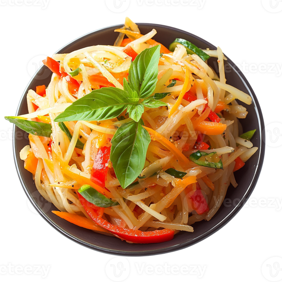 Fresh and colorful vegetable salad with noodles, featuring vibrant bell peppers and basil leaves, perfect for healthy meal. , isolated transparent png