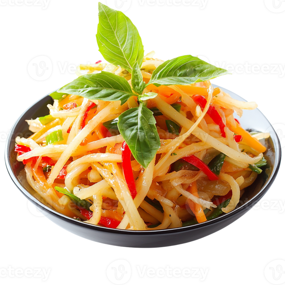 Fresh and colorful vegetable salad with noodles, garnished with basil leaves, perfect for healthy meal or side dish. , isolated transparent png