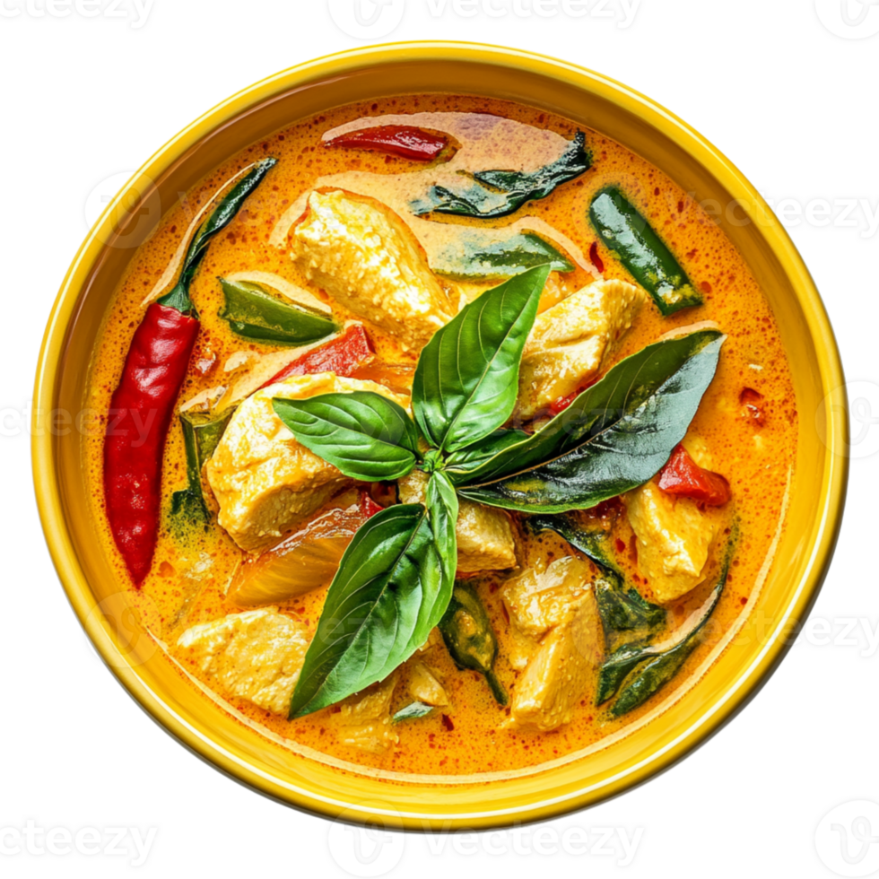Delicious chicken curry with vibrant colors and fresh basil leaves, showcasing rich blend of spices and vegetables. Perfect for hearty meal. , isolated transparent png