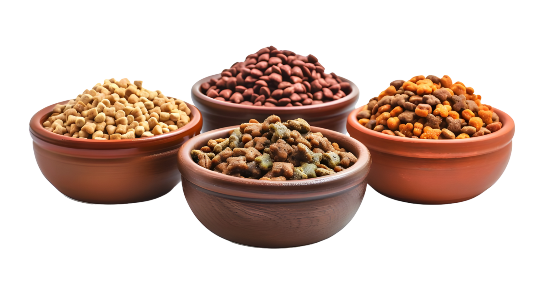 Assortment of dry pet food in brown bowls isolated dog cat feed on transparent background png