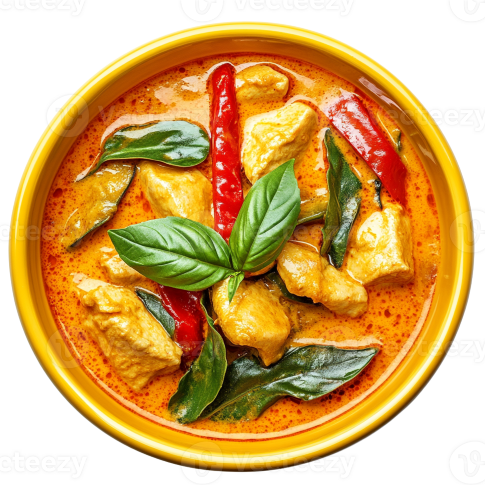Delicious chicken curry with vibrant red chilies and fresh basil leaves, served in bright yellow bowl, showcasing rich and flavorful dish. , isolated transparent png