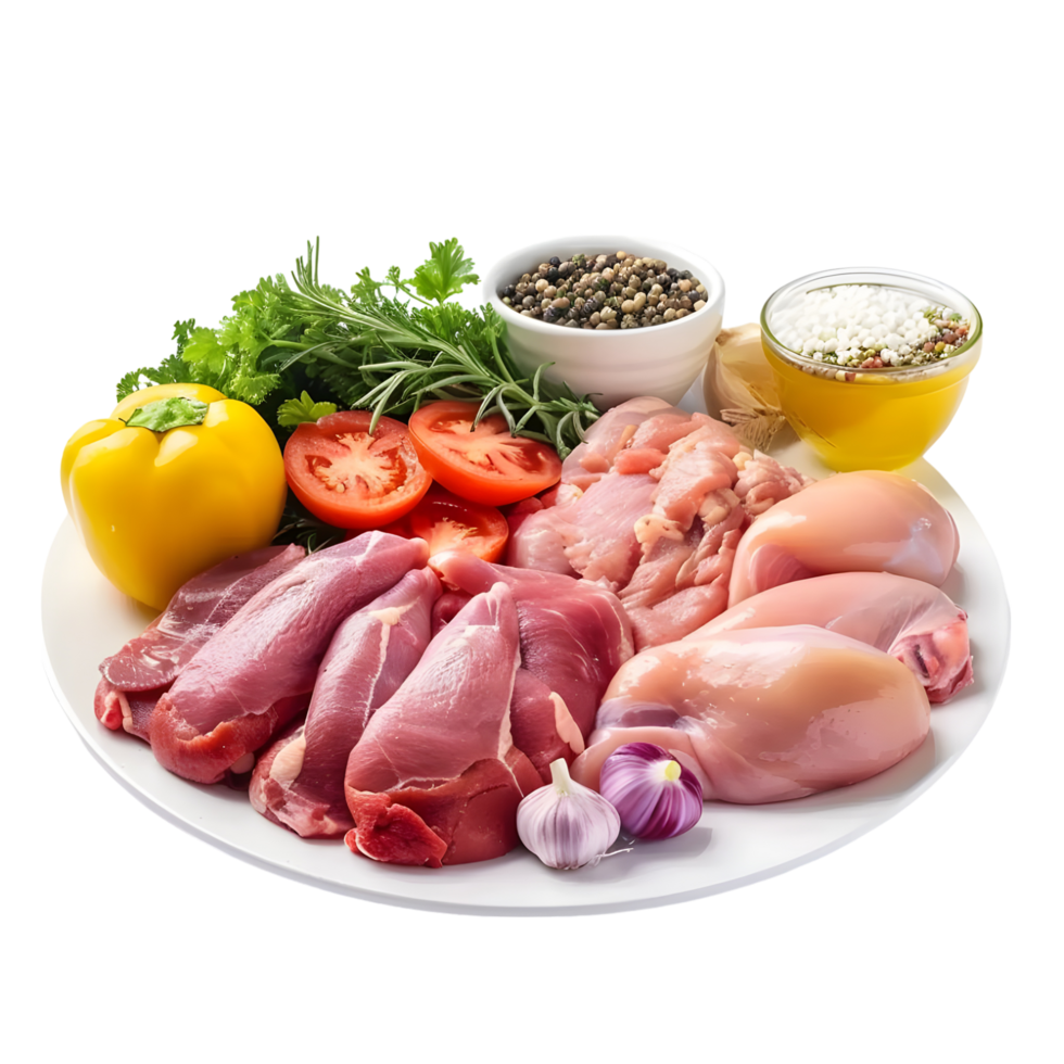 Raw chicken and turkey meat with vegetables herbs red on transparent background png