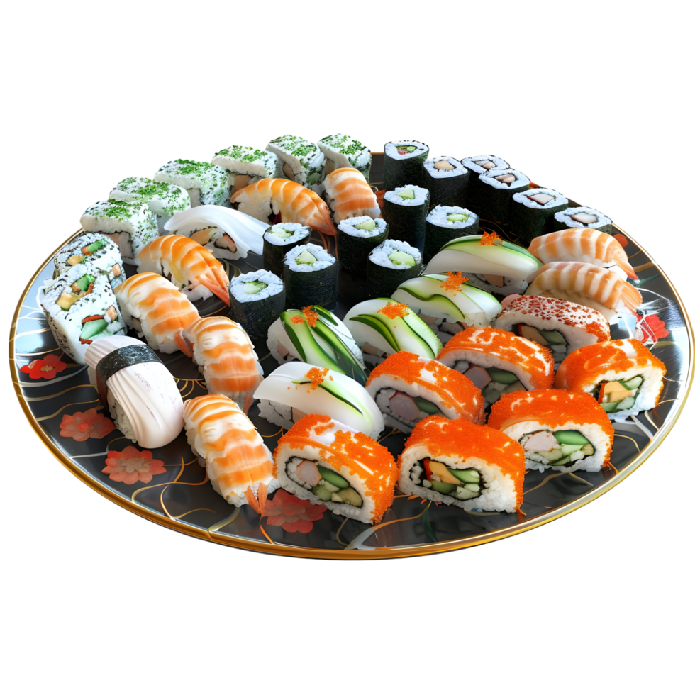 Delicious variety of sushi rolls on elegant plate raw on transparent background png