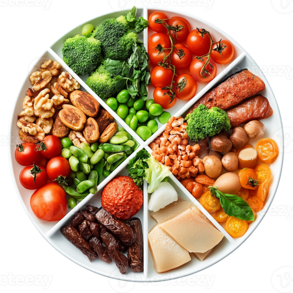 vibrant plate filled with variety of fresh vegetables, nuts, and legumes, showcasing healthy eating options. Enjoy colorful assortment , isolated transparent png