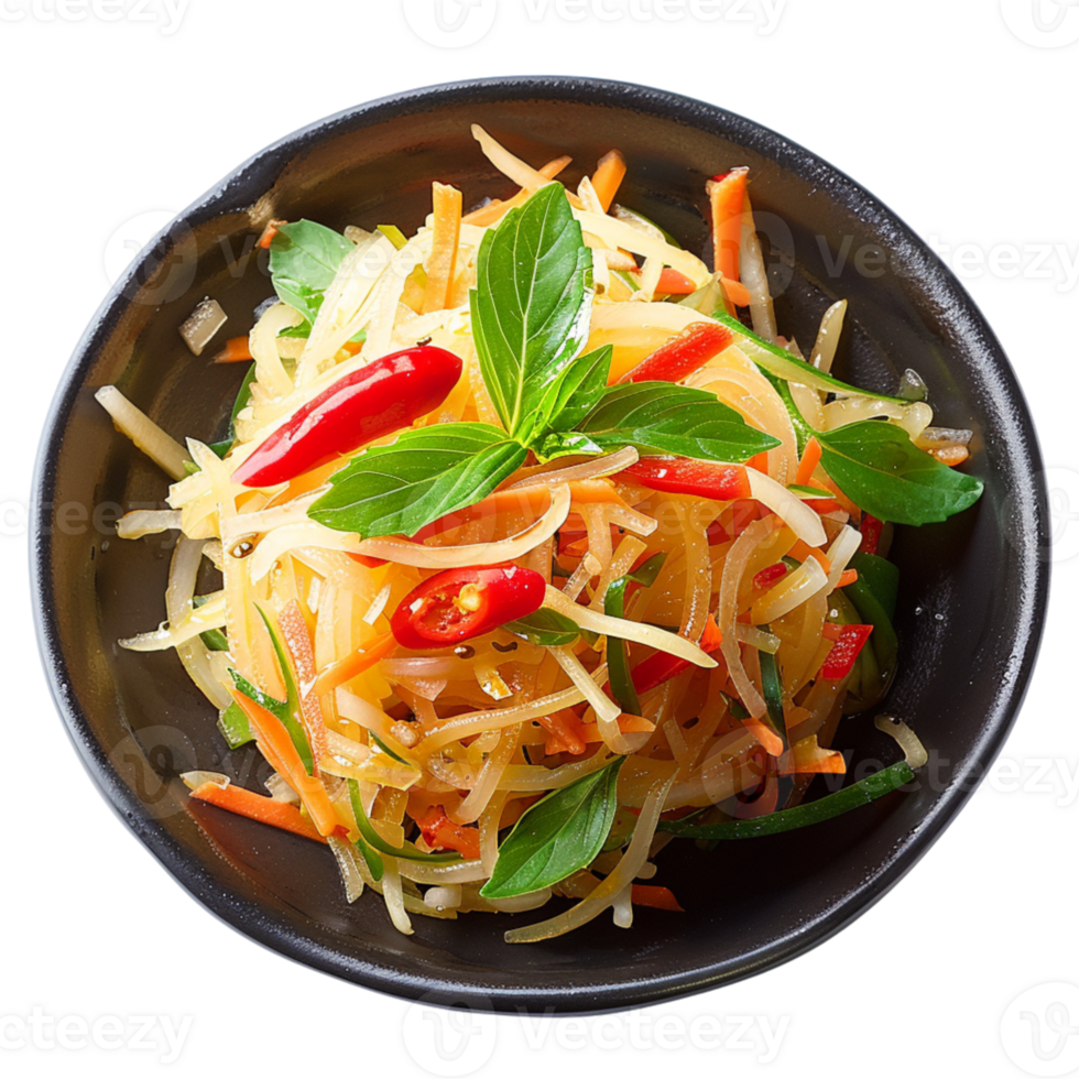 Fresh and vibrant salad with colorful vegetables, herbs, and chili peppers, served in black bowl, perfect for healthy meal. , isolated transparent png