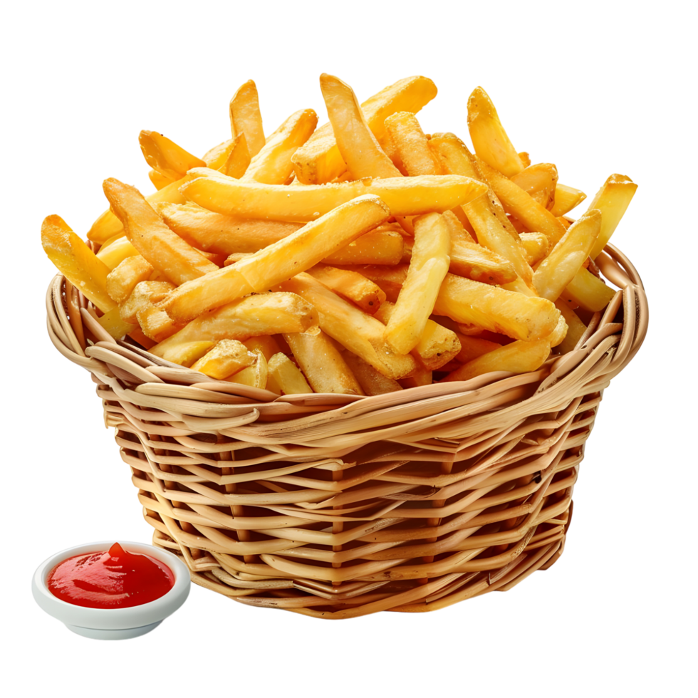 Golden french fries in a rustic wicker basket with on transparent background eat png