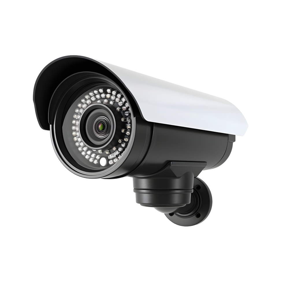 Modern black and white security cctv camera system 3d lens high on transparent background png