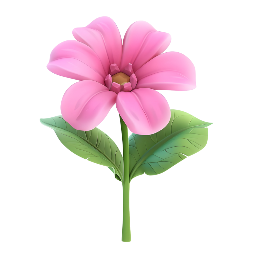 Pretty pink flower 3d render cartoon style on transparent background cute leaf png