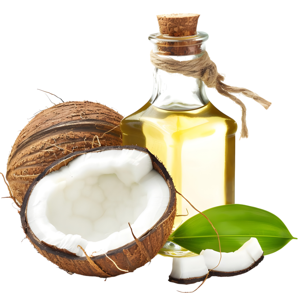 Fresh organic coconut oil bottle with coconuts and leaf spa food on transparent background png