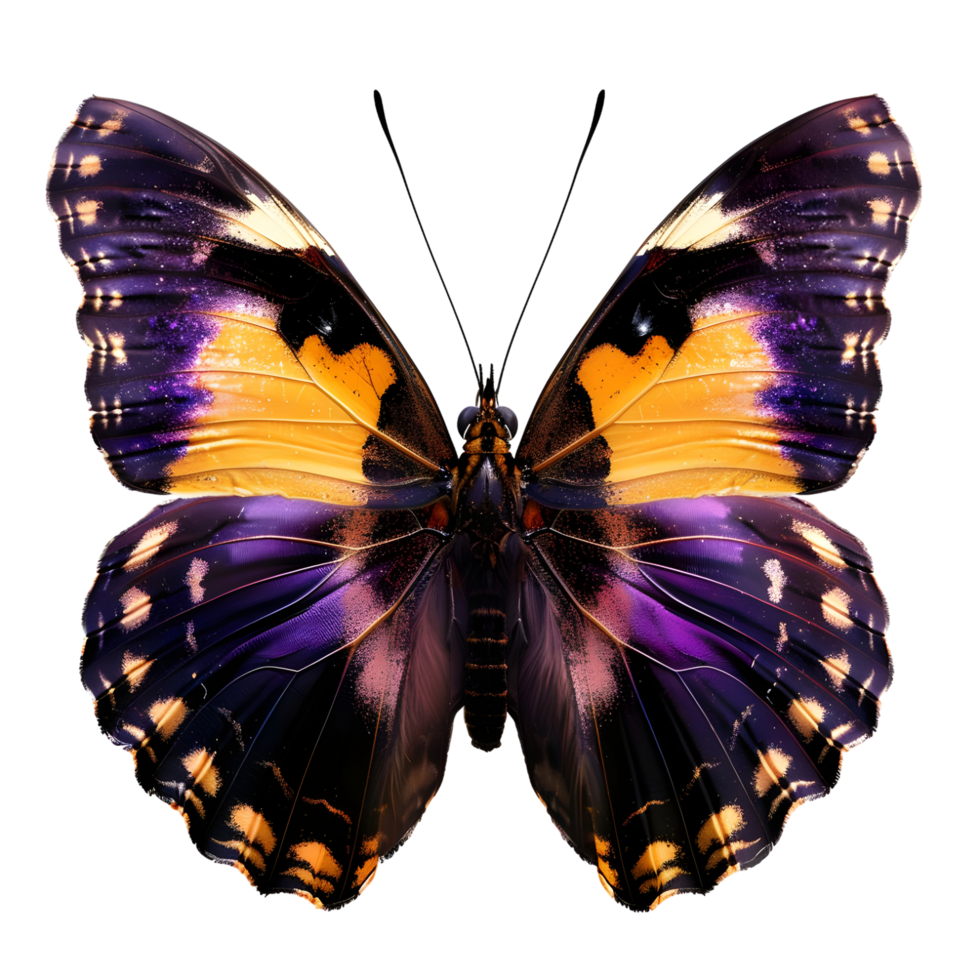 Elegant purple and orange butterfly wings isolated on art macro on transparent background png
