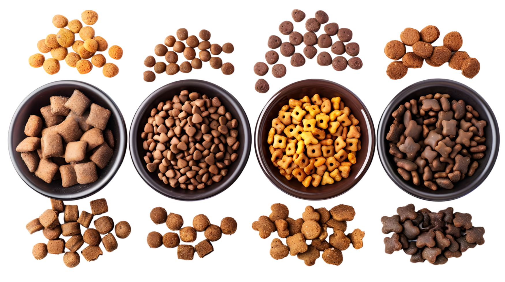 Assortment of dry pet food in bowls various shapes and sizes dog on transparent background png
